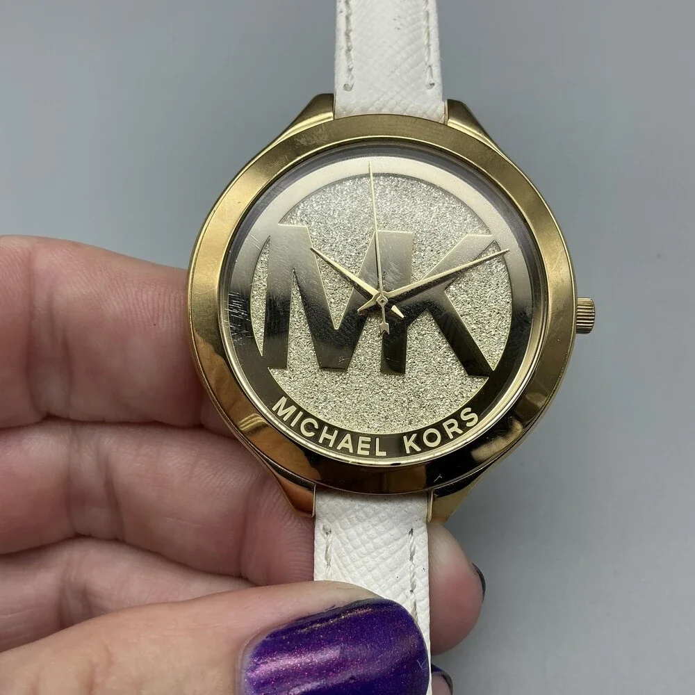 Michael Kors MK-3389 Womens Watch 42mm Gold Tone MK Logo Leather New Battery
